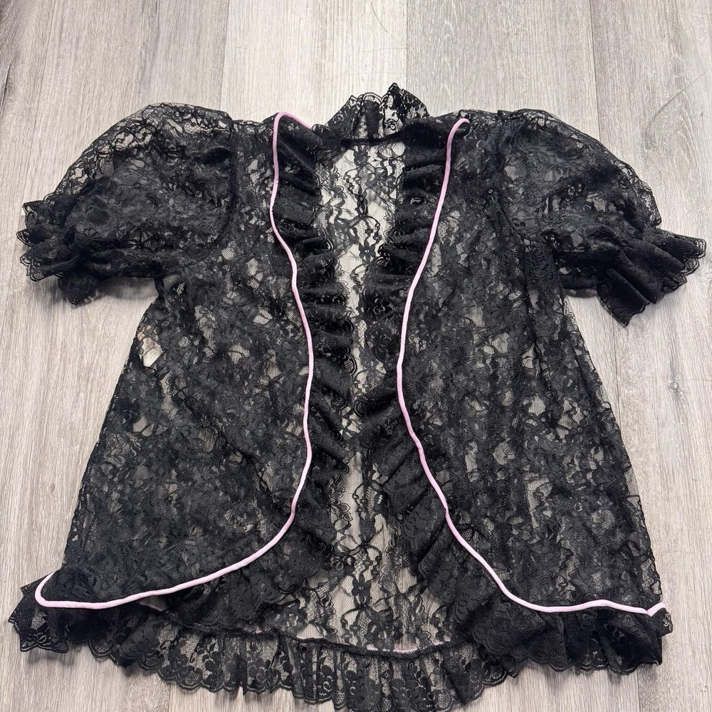 Vintage 1970s Jenelle Of California Black Lace Ruffle Fly Away Peignoir Size P